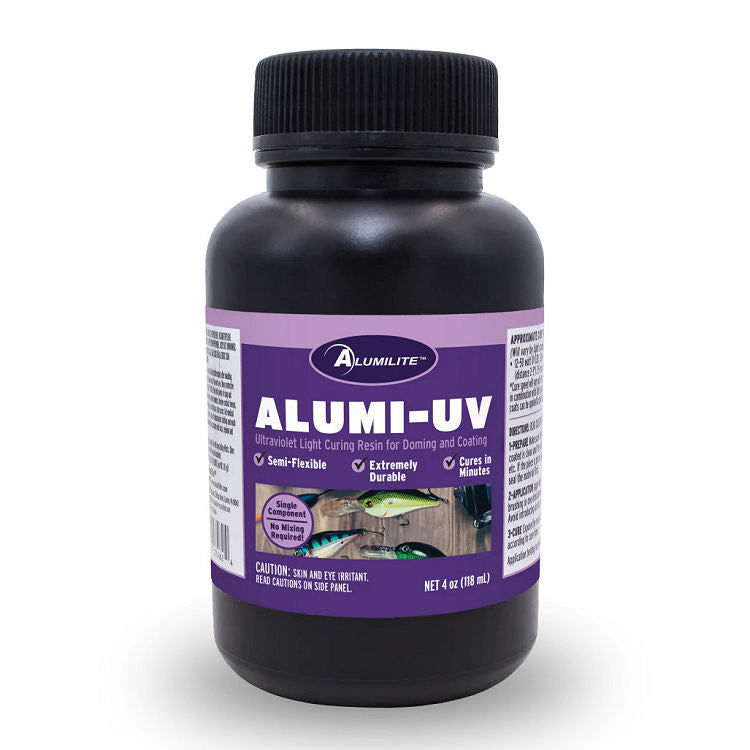 AlumiUV bottle with purple Alumilite Alumi-UV label, ultraviolet light curing resin for doming and coating, 4 oz (118 mL)