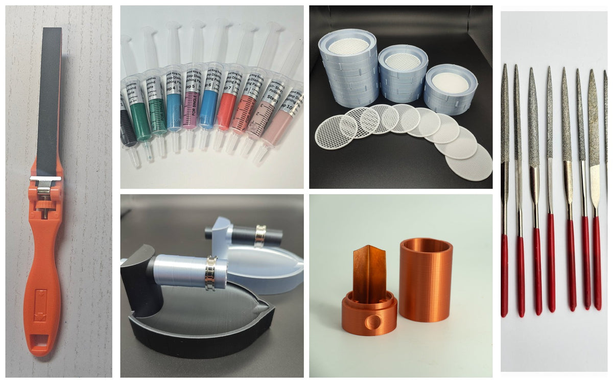 Essential Tools bundle - polishing paste, stone sifter, ring mandrels, inlay tapper, sanding sticks and needle files