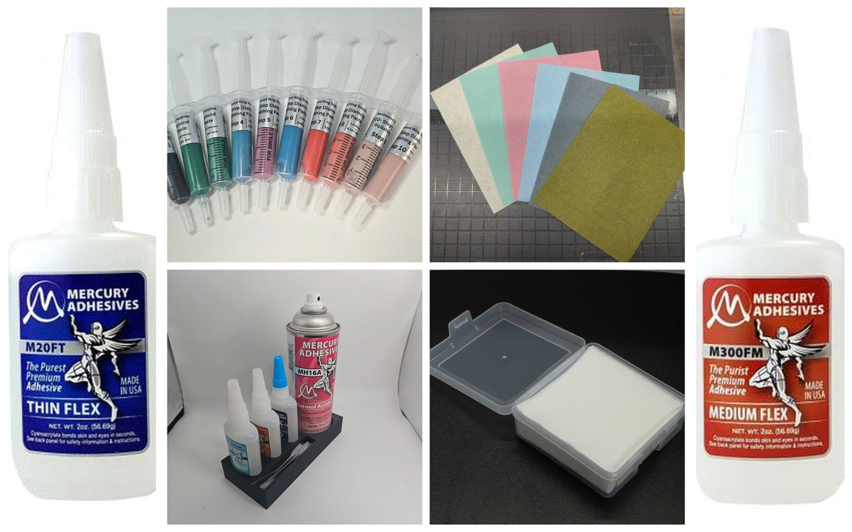 Finishing & Polish Kit - diamond polishing paste, polishing paper, lint-free paper, CA glues and glue caddy