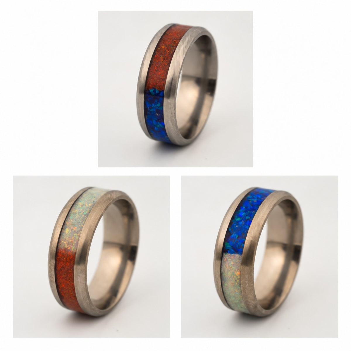Ring Maker Subscription Box - titanium 8/4 channel ring with red, white and blue opal, three views