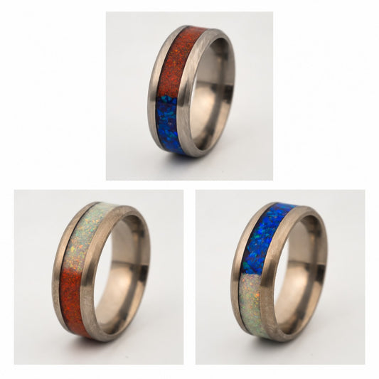 Ring Maker Subscription Box - titanium 8/4 channel ring with red, white and blue opal, three views